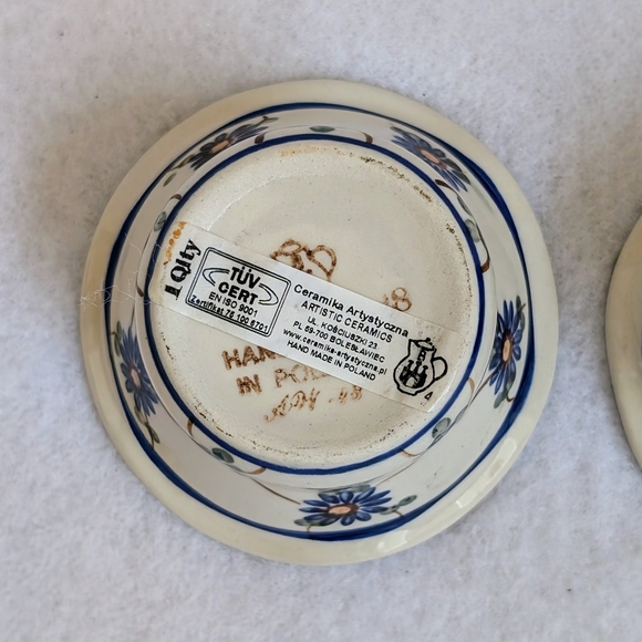 Polish Pottery Tealight Candle Holders with Blue, Yellow, & Brown Floral Design - Picture 7 of 8